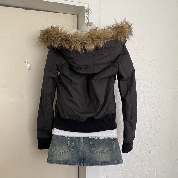 Womens Black Jacket Brown Faux Fur Hood S - Picture 3 of 4